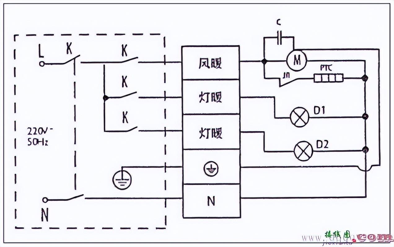 灯暖型浴霸五根线怎么区分？（卫生间浴霸接线方法图解）(图2)